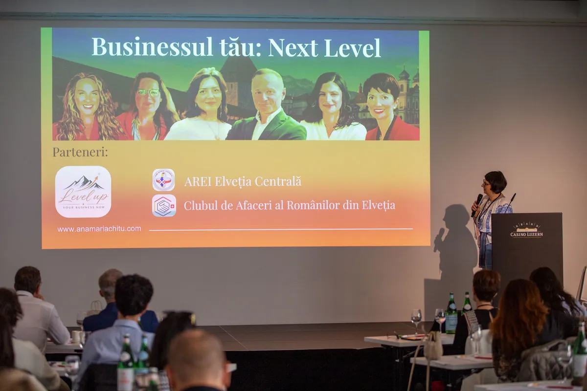 Businessevent Grand Casino Luzern – Eröffnungsfolie «Businessul tău: Next Level» mit Speakerin am Pult