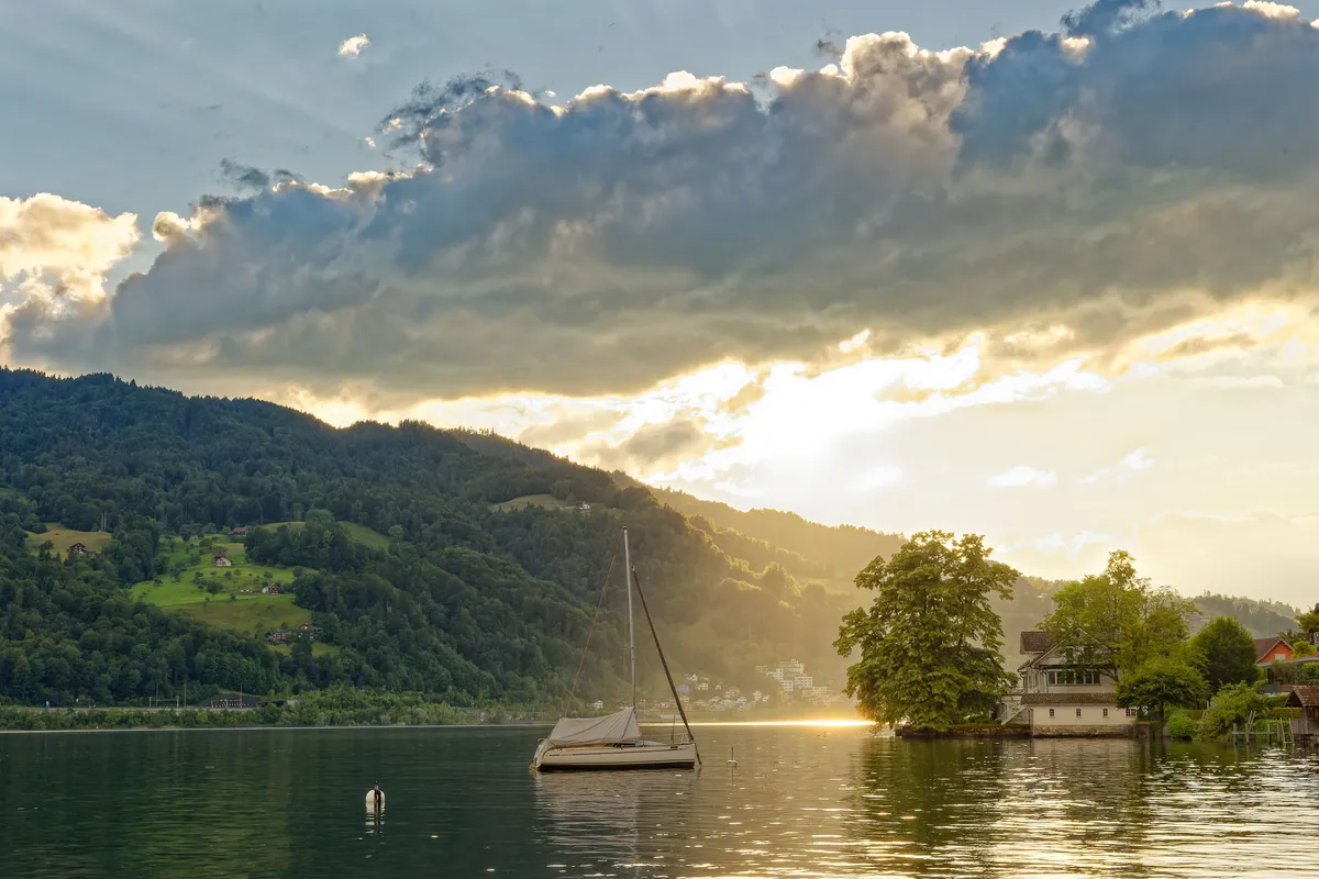 Segelboot am Vierwaldstättersee bei Kastanienbaum im goldenen Abendlicht