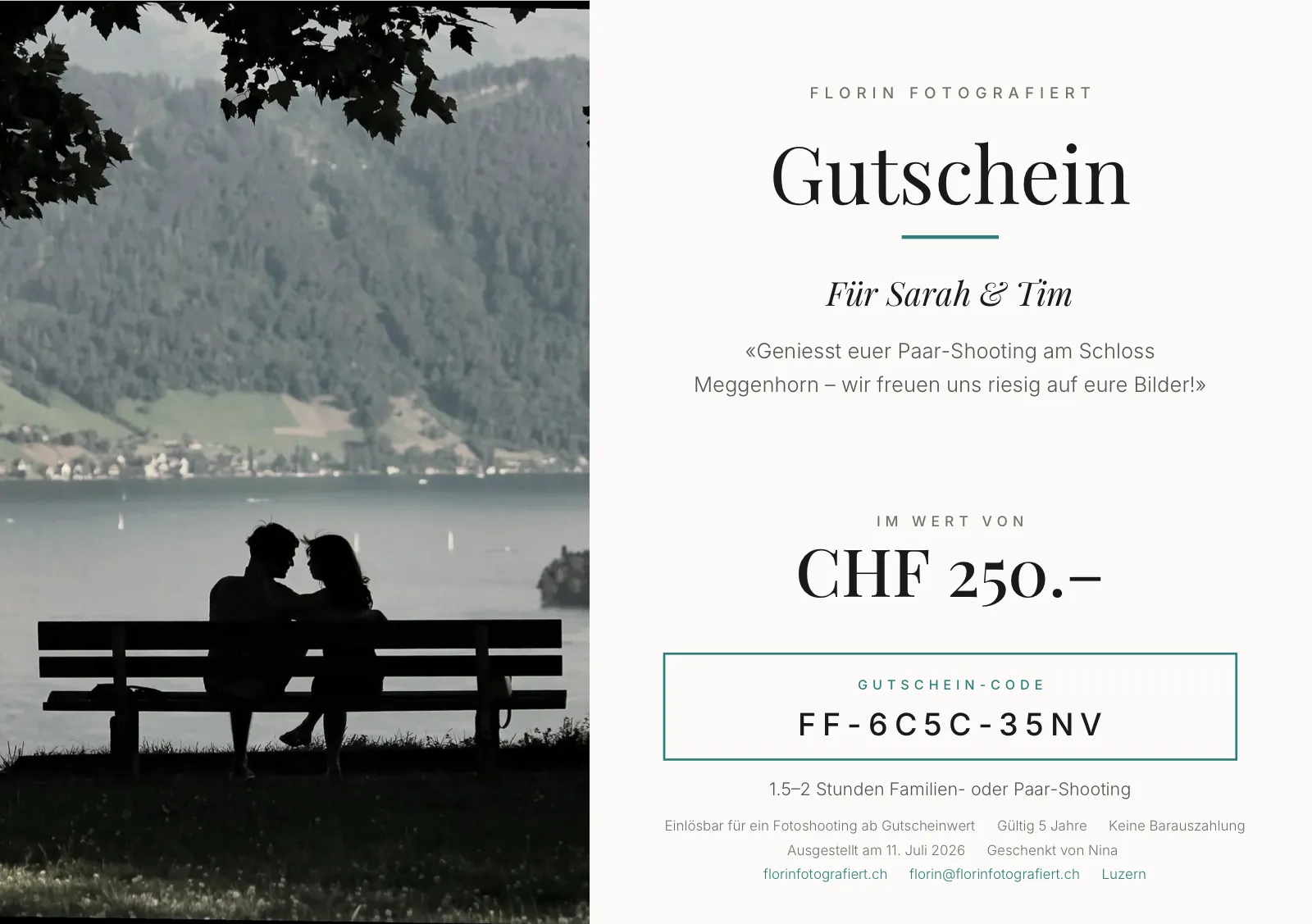 Fotoshooting-Geschenkgutschein als PDF – personalisiert mit Name, Nachricht und Gutschein-Code