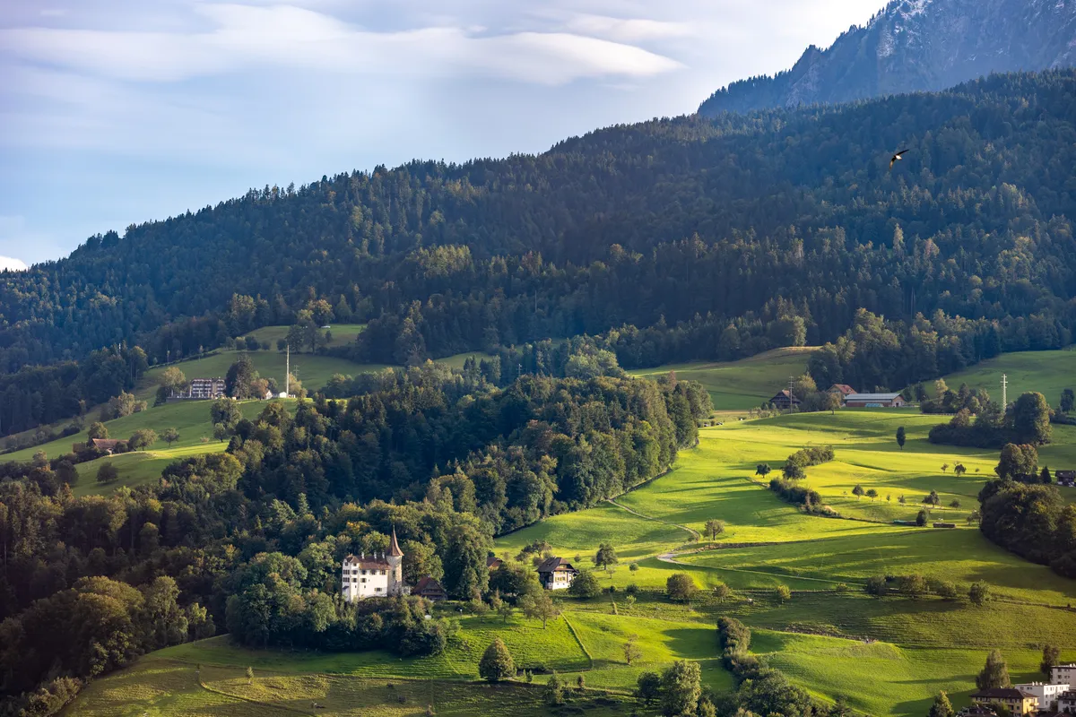 Reise-Fotoshooting – Schweizer Hügellandschaft mit kleinem Schloss und Bergpanorama