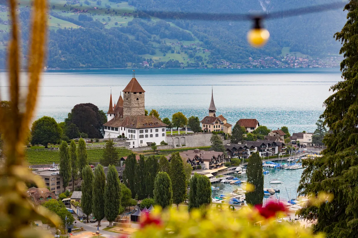 Reise-Fotoshooting Schweiz – Blick auf Schloss Spiez am Thunersee, im Vordergrund unscharfe Blumen
